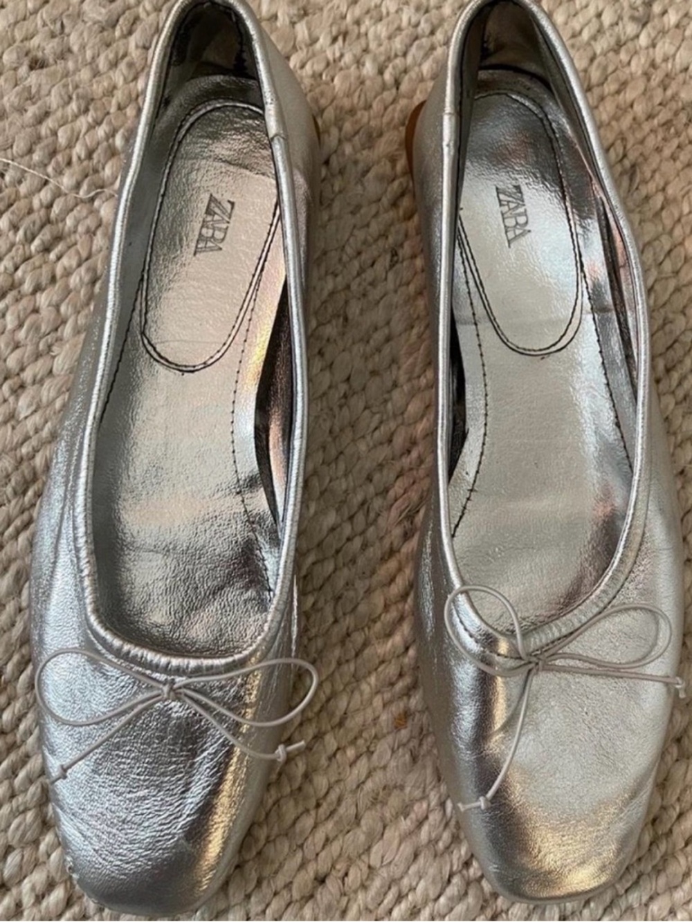 ZARA Metallic Silver Ballet Flats with Bow Accent
